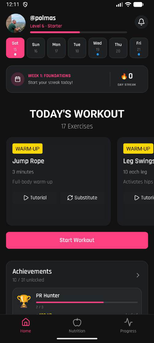 BallBrain home screen with today's workout